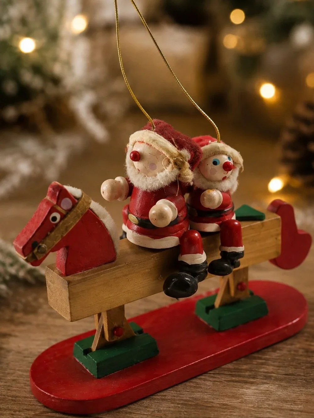 Two Santa Rocking Horse Wooden Christmas Ornament Folk Art Holiday Decor